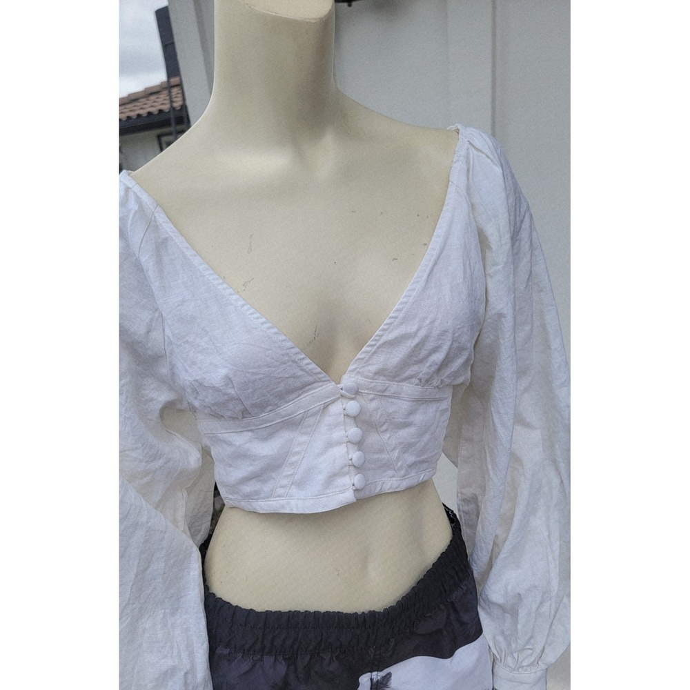 VRG GRL Linen Blend‎ Balloon Sleeve Deep V Crop Milkmaid Fairycore Ivory Sz 8 - Picture 5 of 13